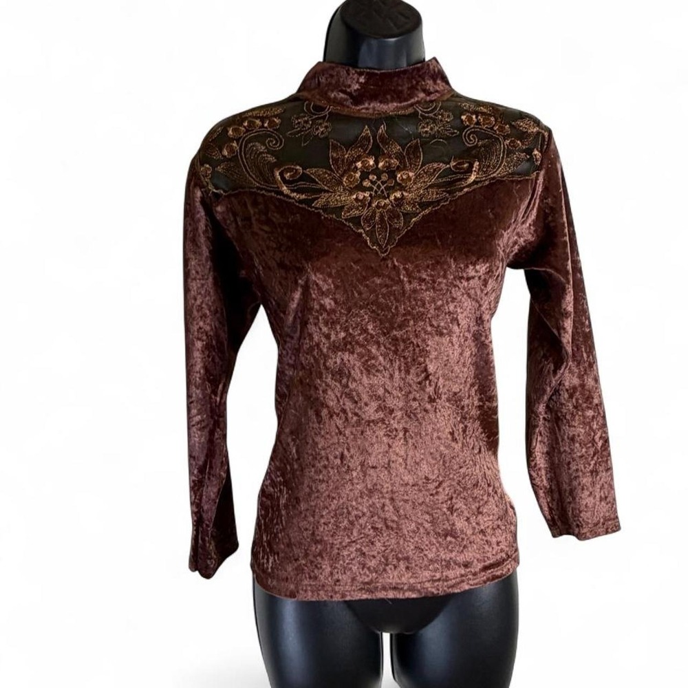 Vintage Y2K Whimsigoth Metallic Mauve Crushed Velvet Embroidered Mesh Top